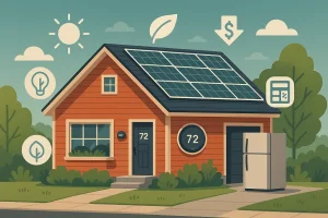 Illustration of an eco-friendly home with solar panels, energy-efficient lighting, and appliances, surrounded by icons representing energy savings, sustainability, and cost reduction.