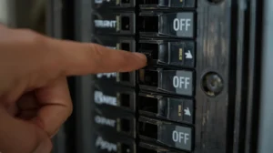 Circuit breaker in tripped position inside residential electrical panel in Burbank home