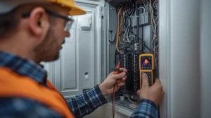 Electrician inspecting a main electrical panel during a safety inspection in a Pasadena, CA home.