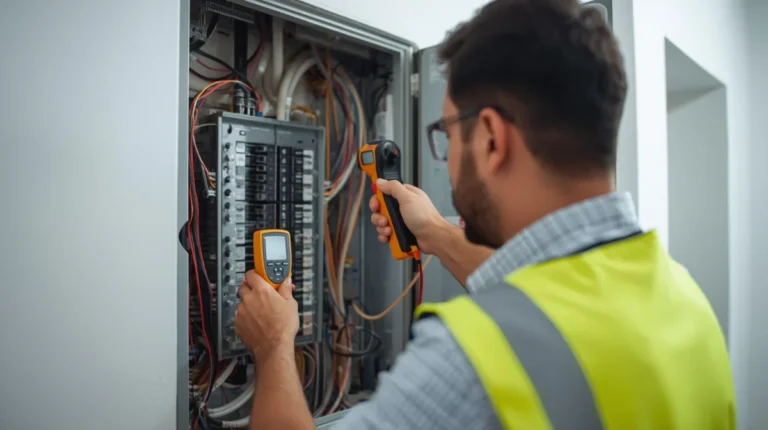 Electrician inspecting the main electrical panel during an electrical safety inspection in a Glendale, CA home.