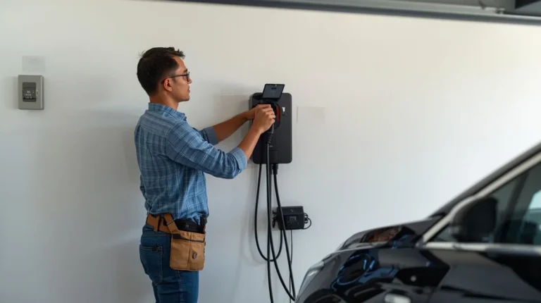 Electrician installing a Level 2 EV charger in a Burbank, CA residential garage with proper wiring and mounting.