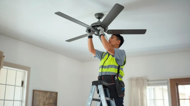 Electrician installing a ceiling fan inside a Pasadena, CA home with proper wiring and secure mounting.