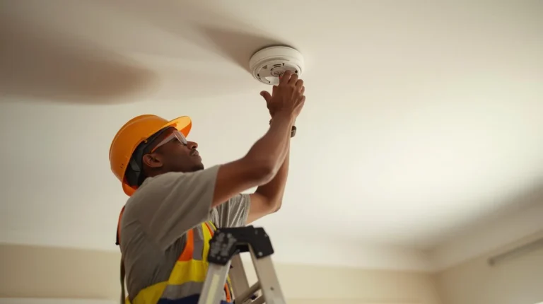 Electrician installing a hardwired smoke detector on the ceiling of a Glendale, CA home.
