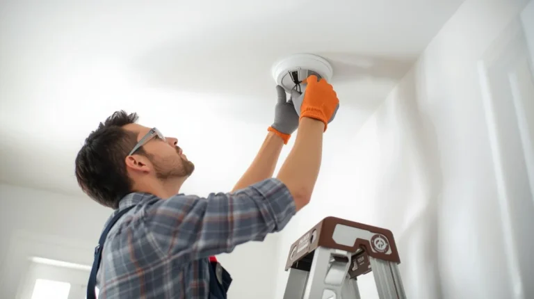 Electrician installing a hardwired smoke detector on the ceiling of a Pasadena, CA home.