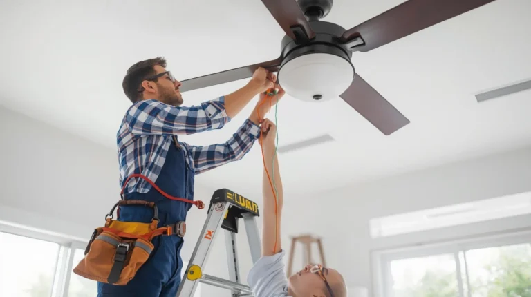 Electrician installing a new ceiling fan inside a modern Burbank CA home using safe and professional wiring methods