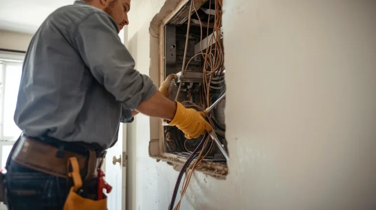 Electrician installing new copper wiring while rewiring an older home in Pasadena, CA.