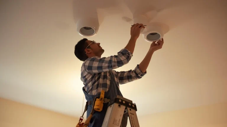 Electrician installing recessed LED lighting inside a Pasadena, CA home.
