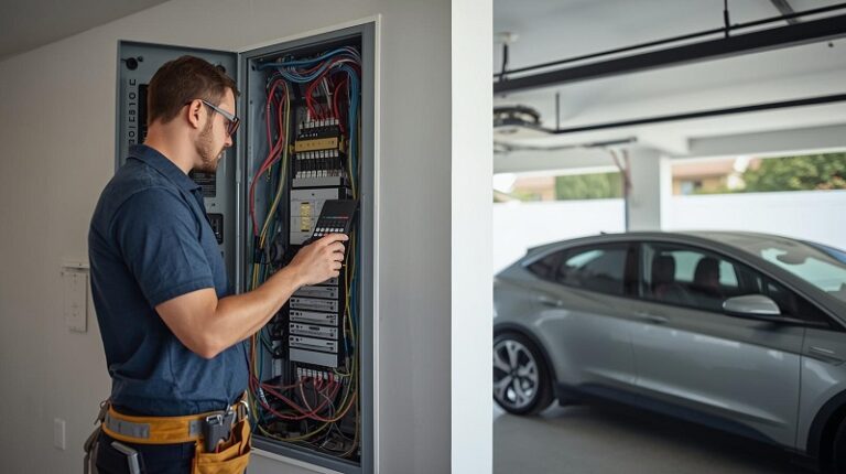 Electrician performing a load calculation at an electrical panel for EV charger installation._Modern electric vehicle parked in the garage.