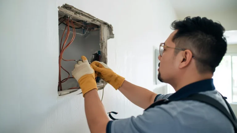 Electrician replacing old wiring with new copper wiring during a home rewiring project in Glendale, CA.
