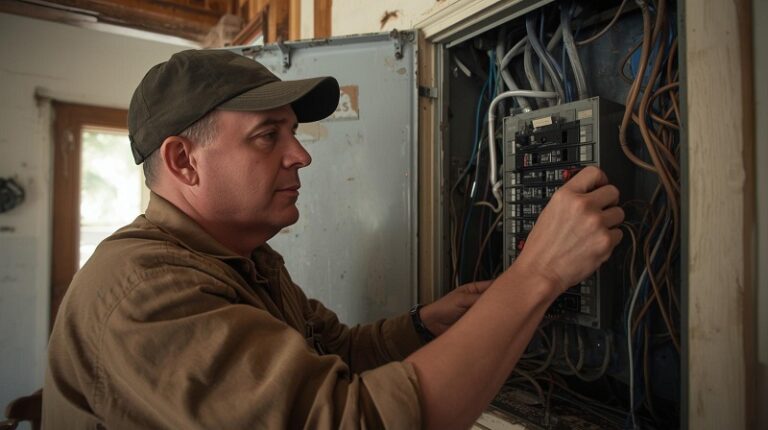 Experienced electrician inspecting an older electrical panel in a North Hollywood home built before 1970._Vintage California house interior.