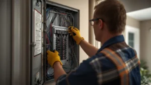 Licensed electrician upgrading a home electrical panel with new breakers inside a modern Burbank CA house