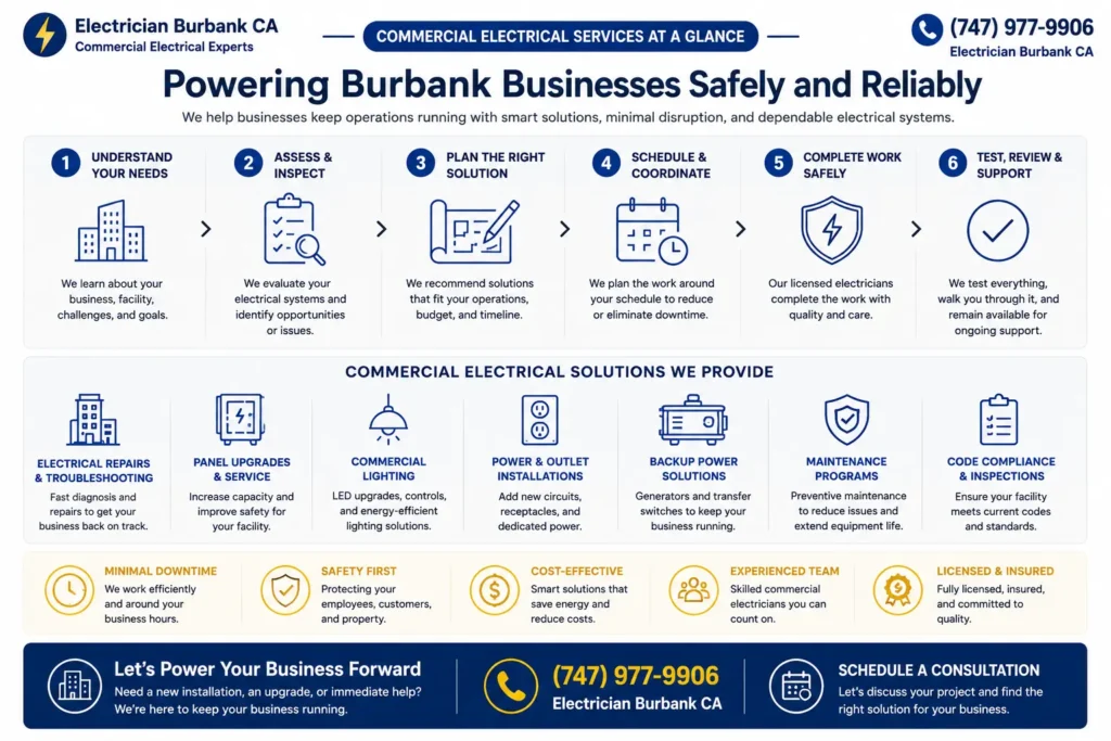 Infographic of commercial electrical services process and details at a glance
